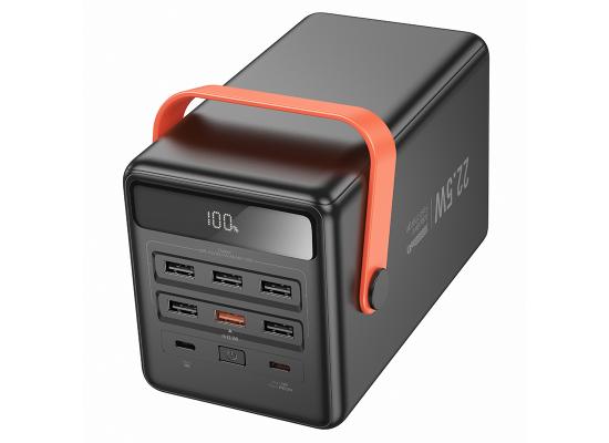 HOCO J142 Power bank with Ultra Large 100,000mAh capacity, 22.5W PD20W Dual Type-C port input, Single Type-C and 6 × USB-A Ports Outputs, LED Digital Display of Power Level, Indicator of Fast Charging, With LED Lamp and Handle - Black